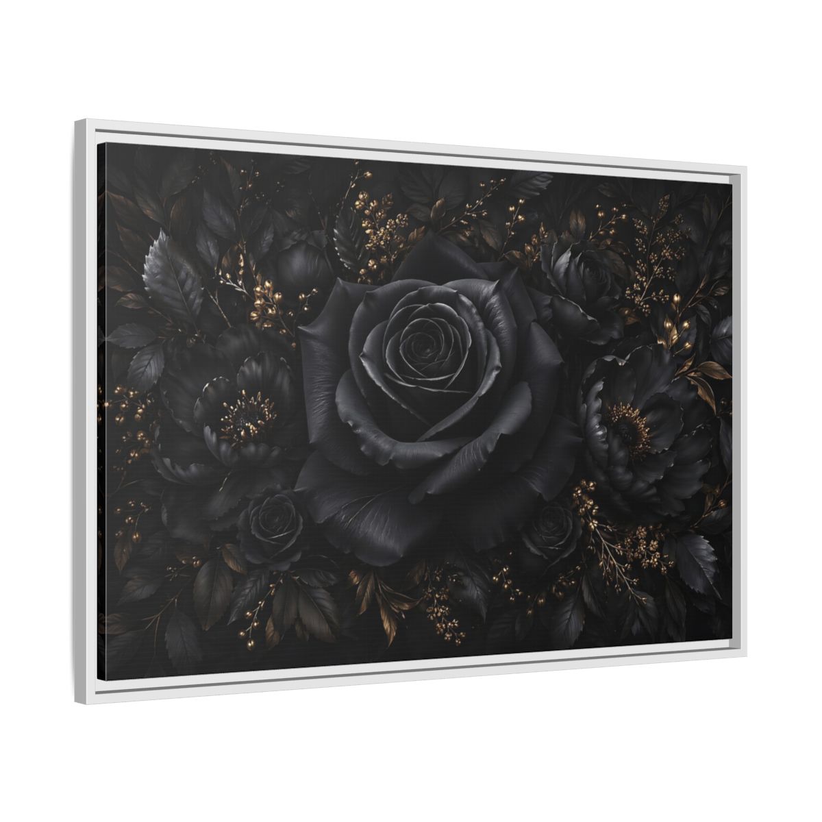 Side Mockup 9. Floral Black Rose Black Gold Floral shown as stretched canvas wall art