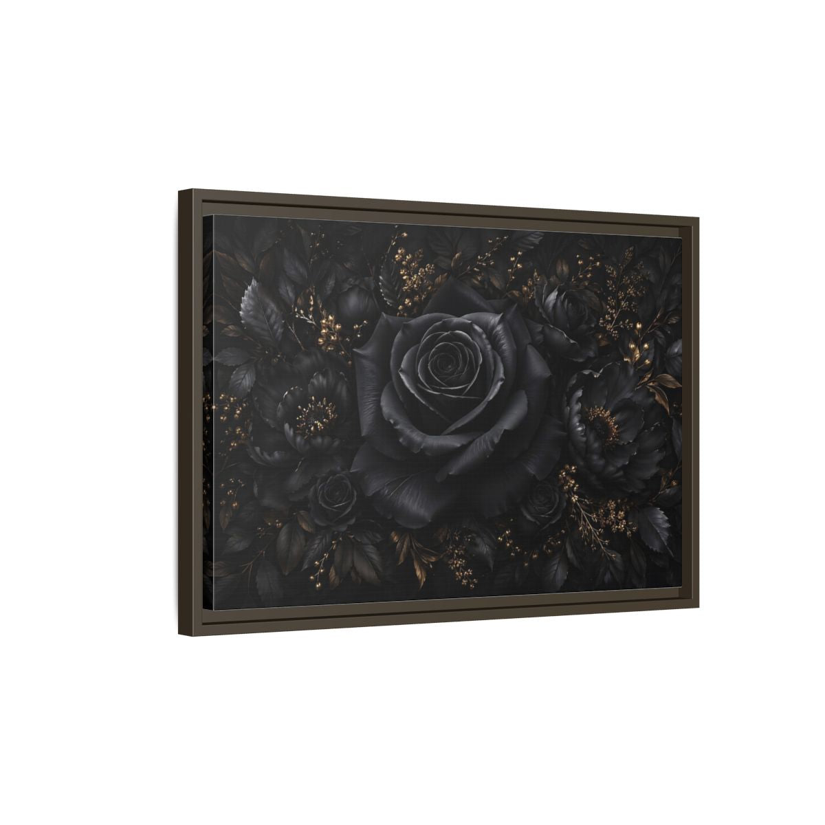 Side Mockup 2. Floral Black Rose Black Gold Floral shown as stretched canvas wall art