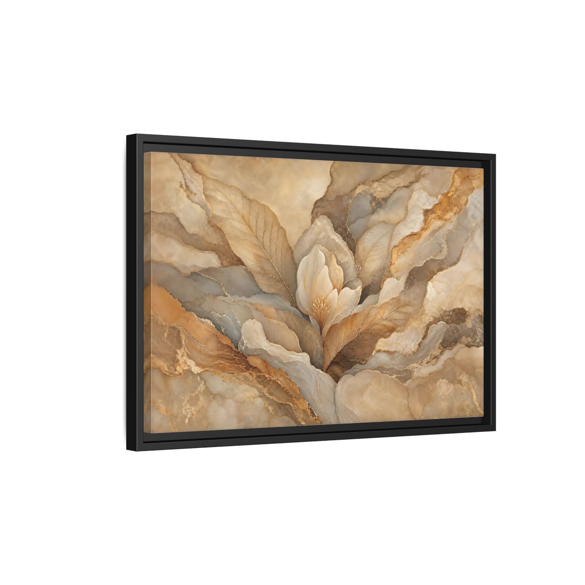 Side Mockup 3. Floral Floral Bloom Neutral Gold Floral shown as stretched canvas wall art
