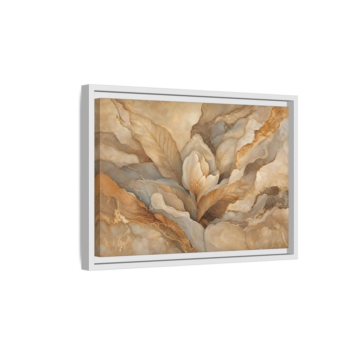Side Mockup 4. Floral Floral Bloom Neutral Gold Floral shown as stretched canvas wall art