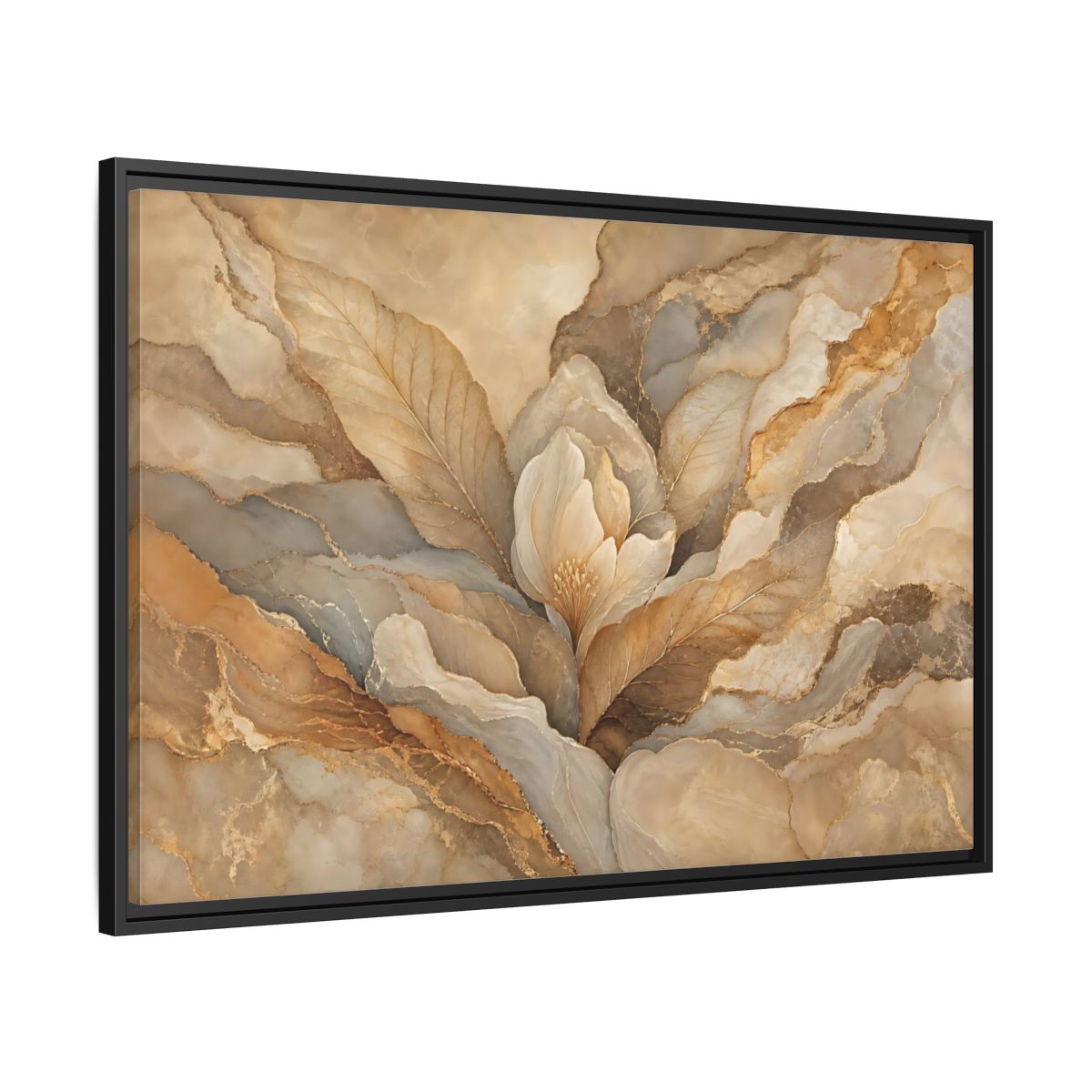 Side Mockup 13. Floral Floral Bloom Neutral Gold Floral shown as stretched canvas wall art