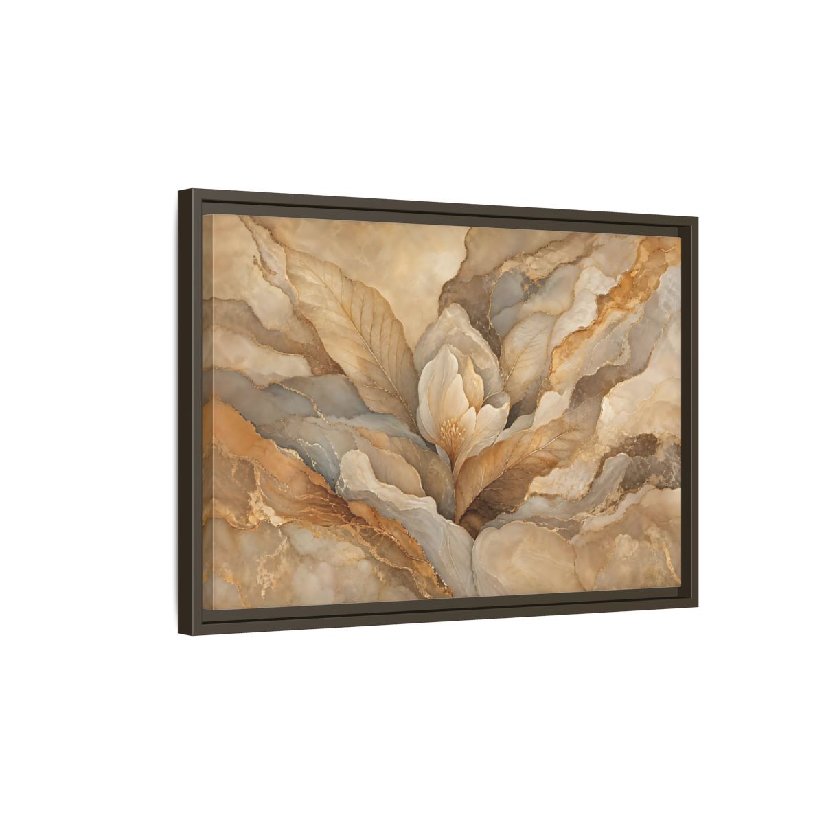 Side Mockup 2. Floral Floral Bloom Neutral Gold Floral shown as stretched canvas wall art