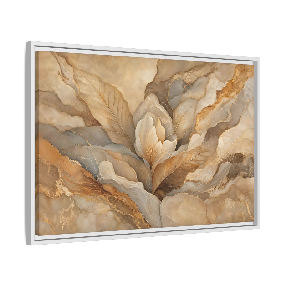 Side Mockup 10. Floral Floral Bloom Neutral Gold Floral shown as stretched canvas wall art
