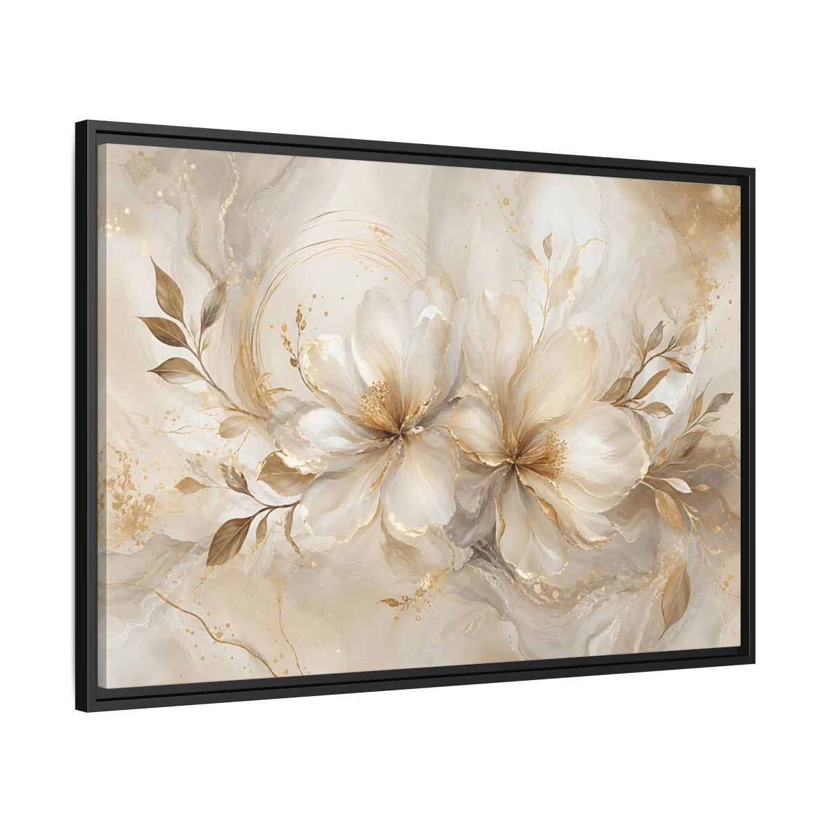 Side Mockup 13. Floral Floral Blooms Gold White Floral shown as stretched canvas wall art