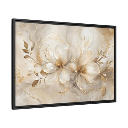 Side Mockup 13. Floral Floral Blooms Gold White Floral shown as stretched canvas wall art