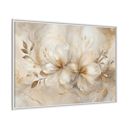Side Mockup 7. Floral Floral Blooms Gold White Floral shown as stretched canvas wall art