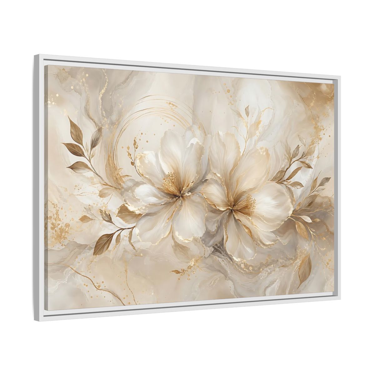 Side Mockup 9. Floral Floral Blooms Gold White Floral shown as stretched canvas wall art