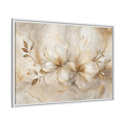Side Mockup 9. Floral Floral Blooms Gold White Floral shown as stretched canvas wall art