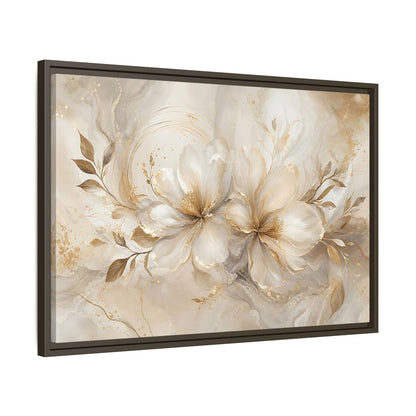 Side Mockup 11. Floral Floral Blooms Gold White Floral shown as stretched canvas wall art