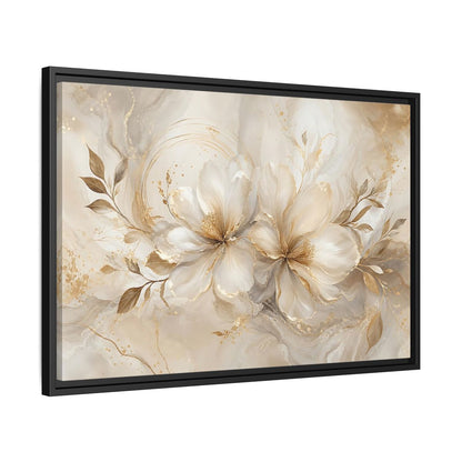 Side Mockup 14. Floral Floral Blooms Gold White Floral shown as stretched canvas wall art