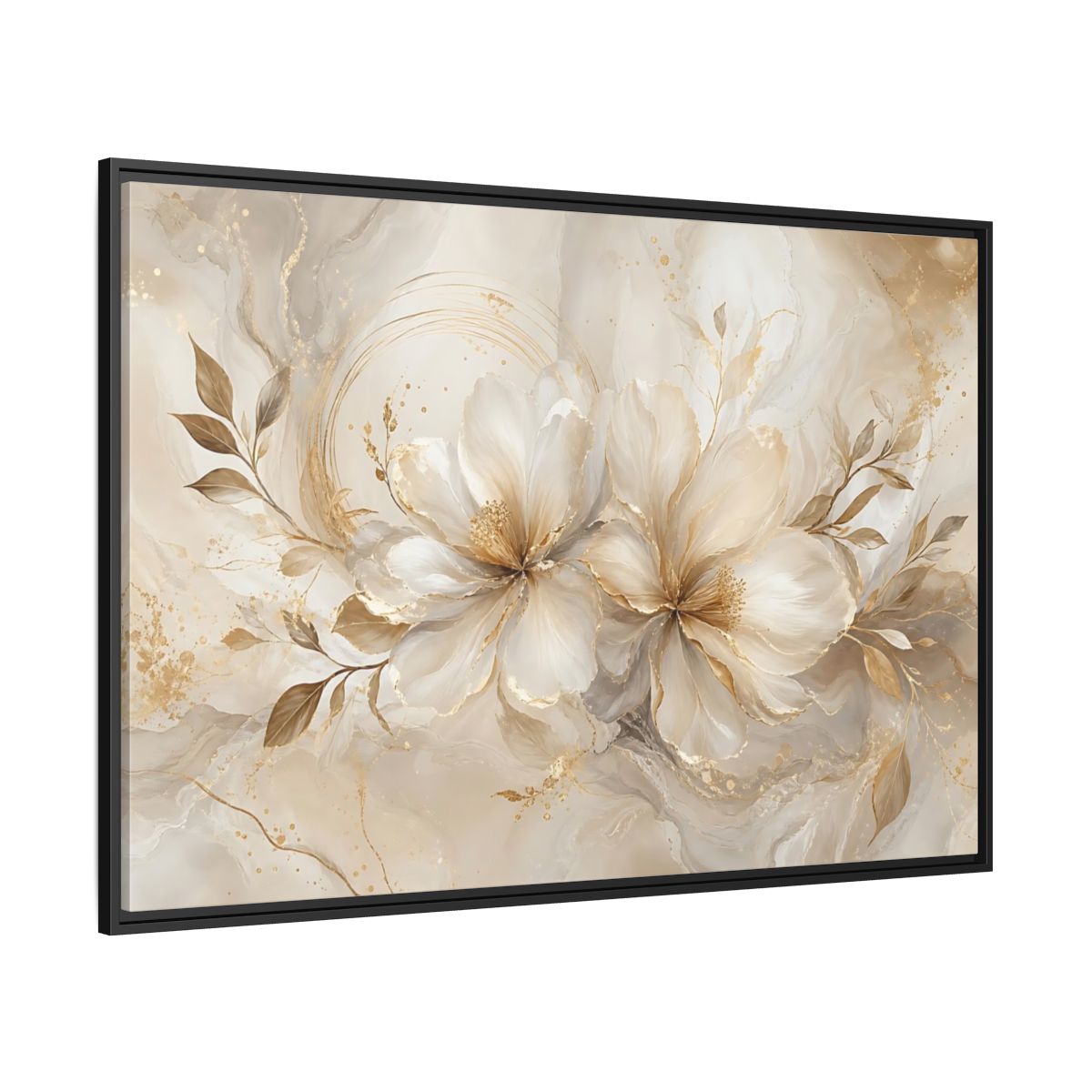 Side Mockup 12. Floral Floral Blooms Gold White Floral shown as stretched canvas wall art