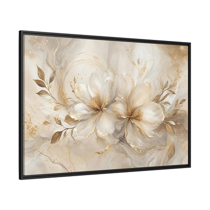 Side Mockup 12. Floral Floral Blooms Gold White Floral shown as stretched canvas wall art