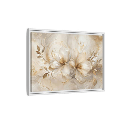 Side Mockup 1. Floral Floral Blooms Gold White Floral shown as stretched canvas wall art