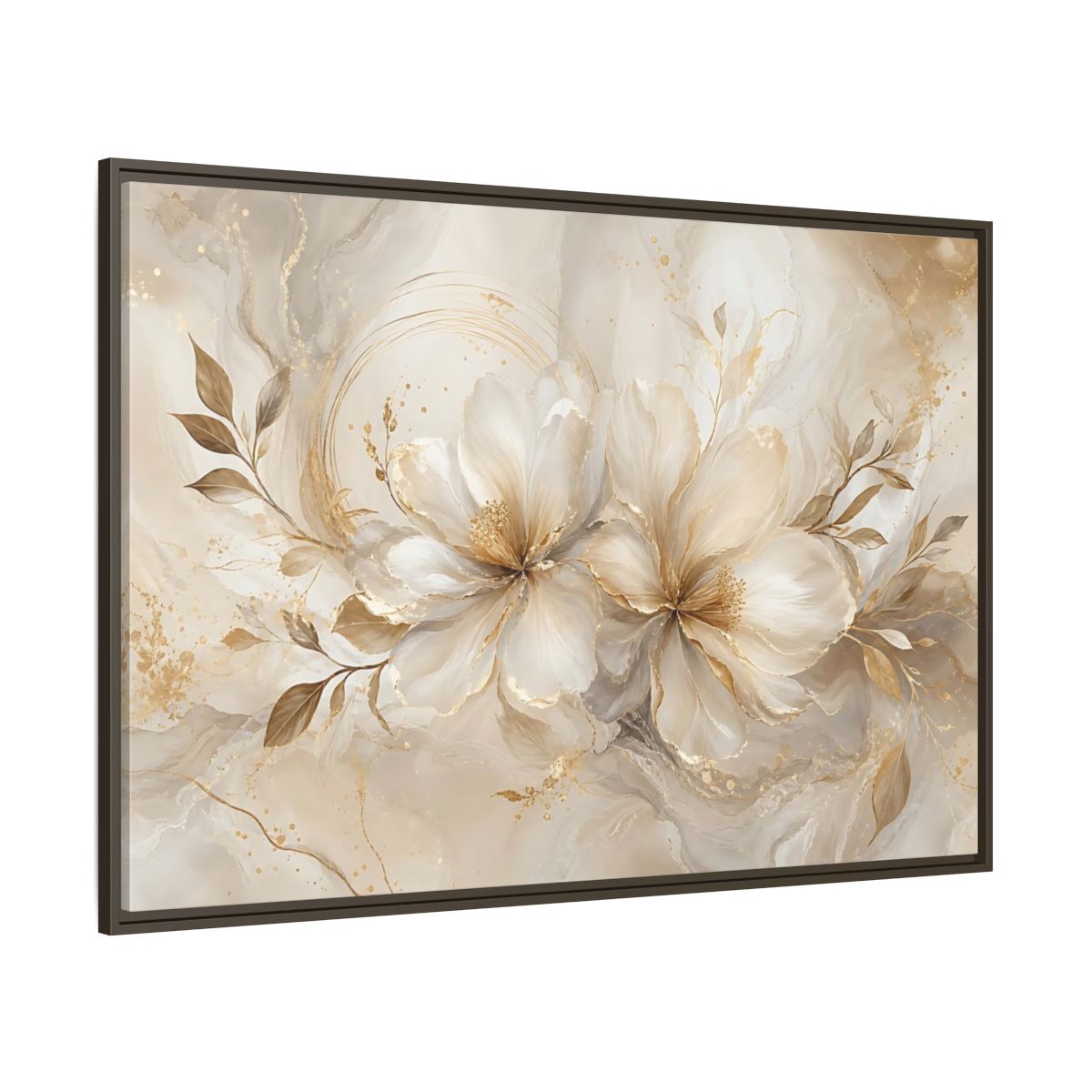 Side Mockup 8. Floral Floral Blooms Gold White Floral shown as stretched canvas wall art