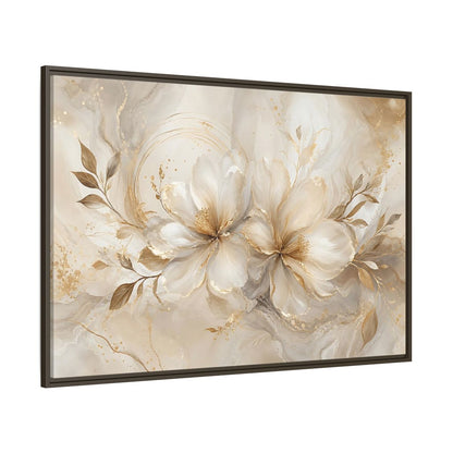 Side Mockup 8. Floral Floral Blooms Gold White Floral shown as stretched canvas wall art
