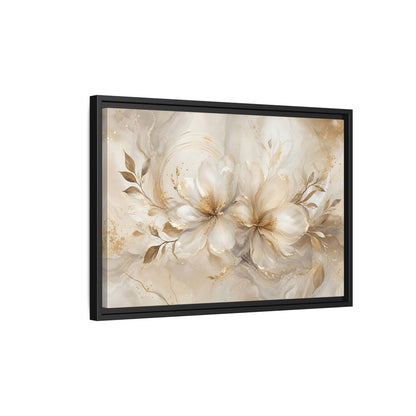 Side Mockup 3. Floral Floral Blooms Gold White Floral shown as stretched canvas wall art