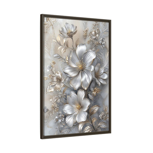 Main Mockup. Floral Blossoms Silver Gold Floral shown as stretched canvas wall art