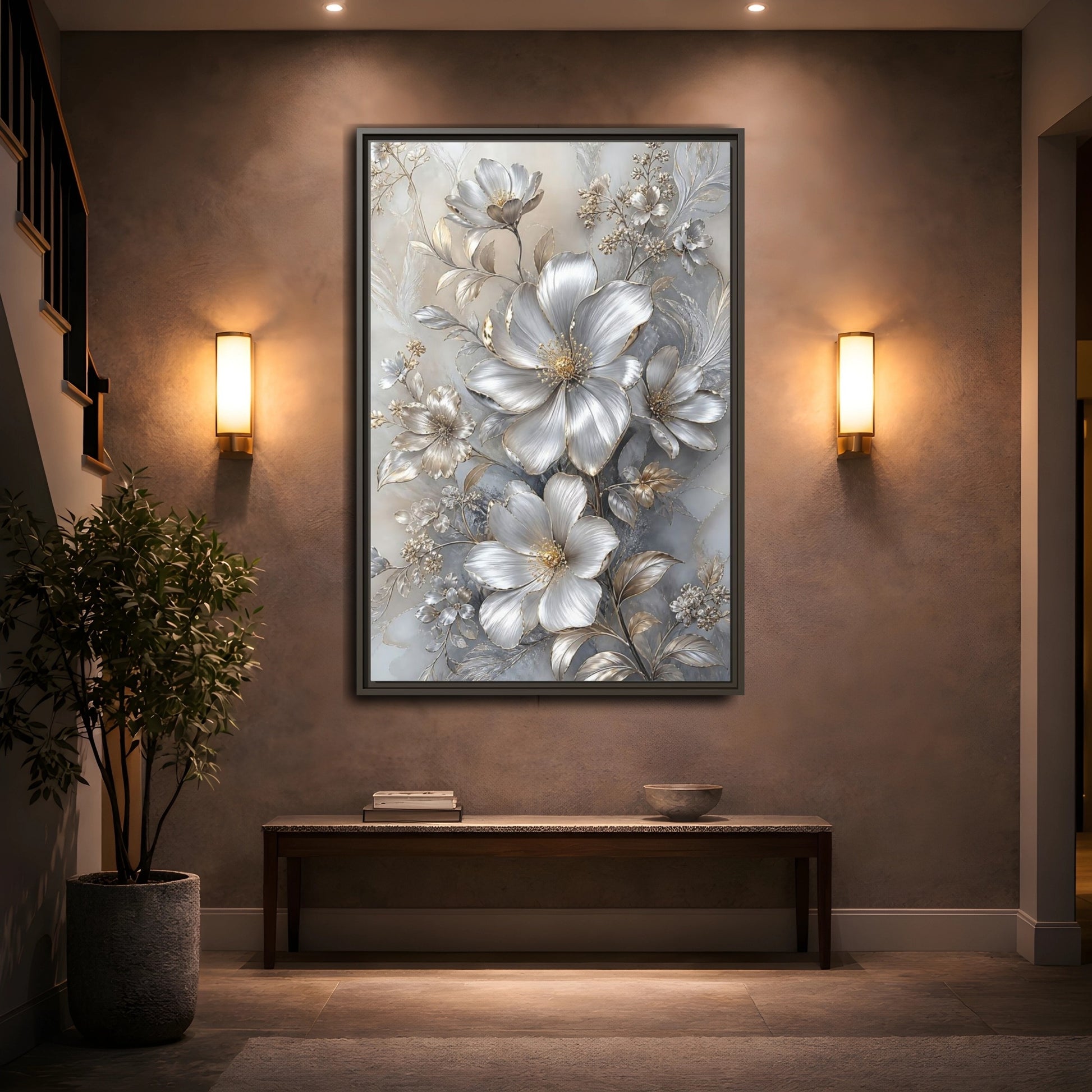 Mockup 2. Floral Blossoms Silver Gold Floral shown as stretched canvas wall art