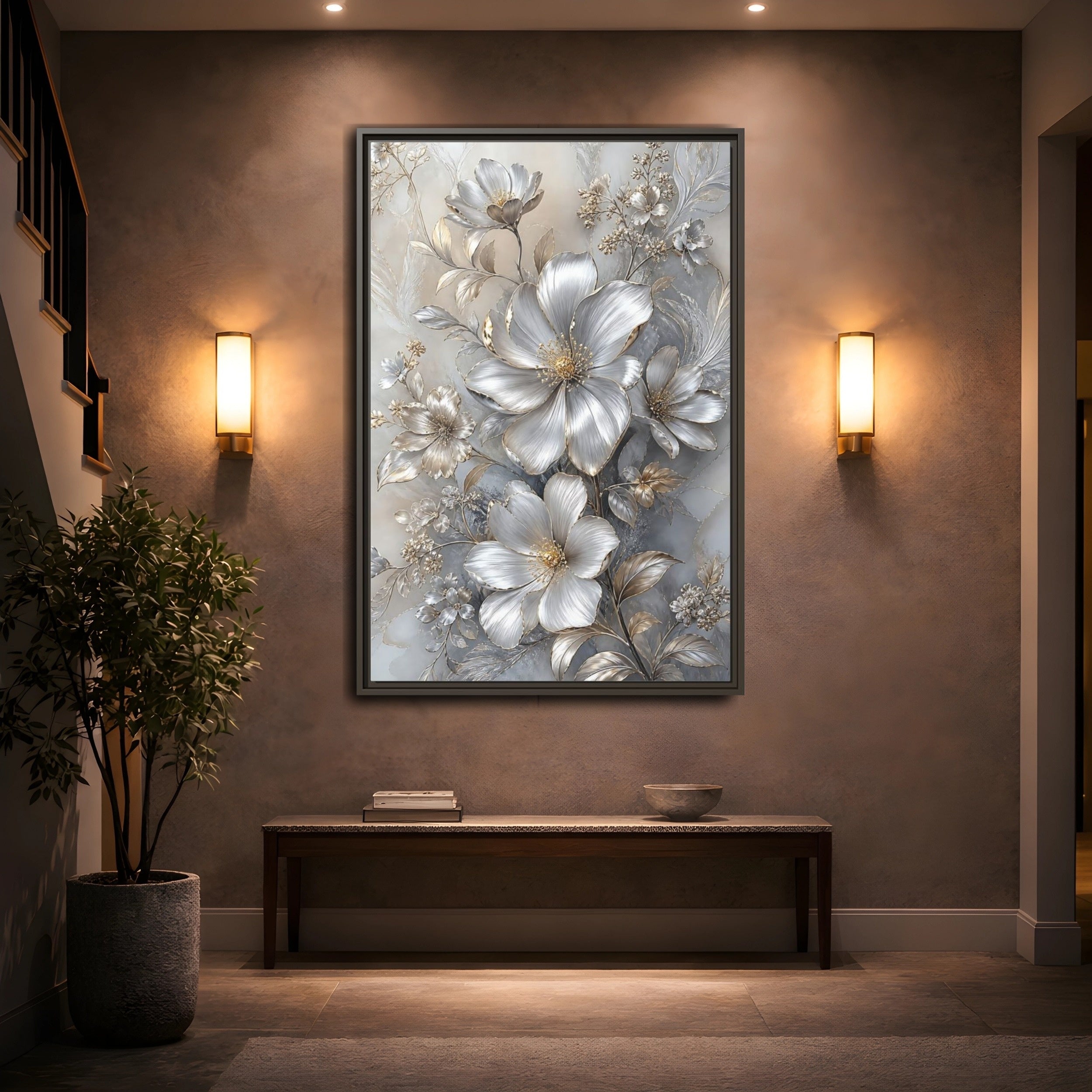 Mockup 2. Floral Blossoms Silver Gold Floral shown as stretched canvas wall art