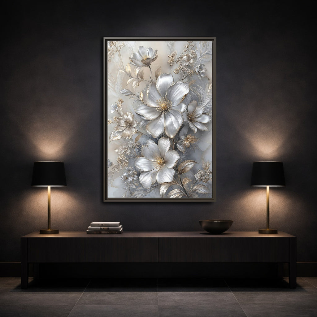 Mockup 3. Floral Blossoms Silver Gold Floral shown as stretched canvas wall art
