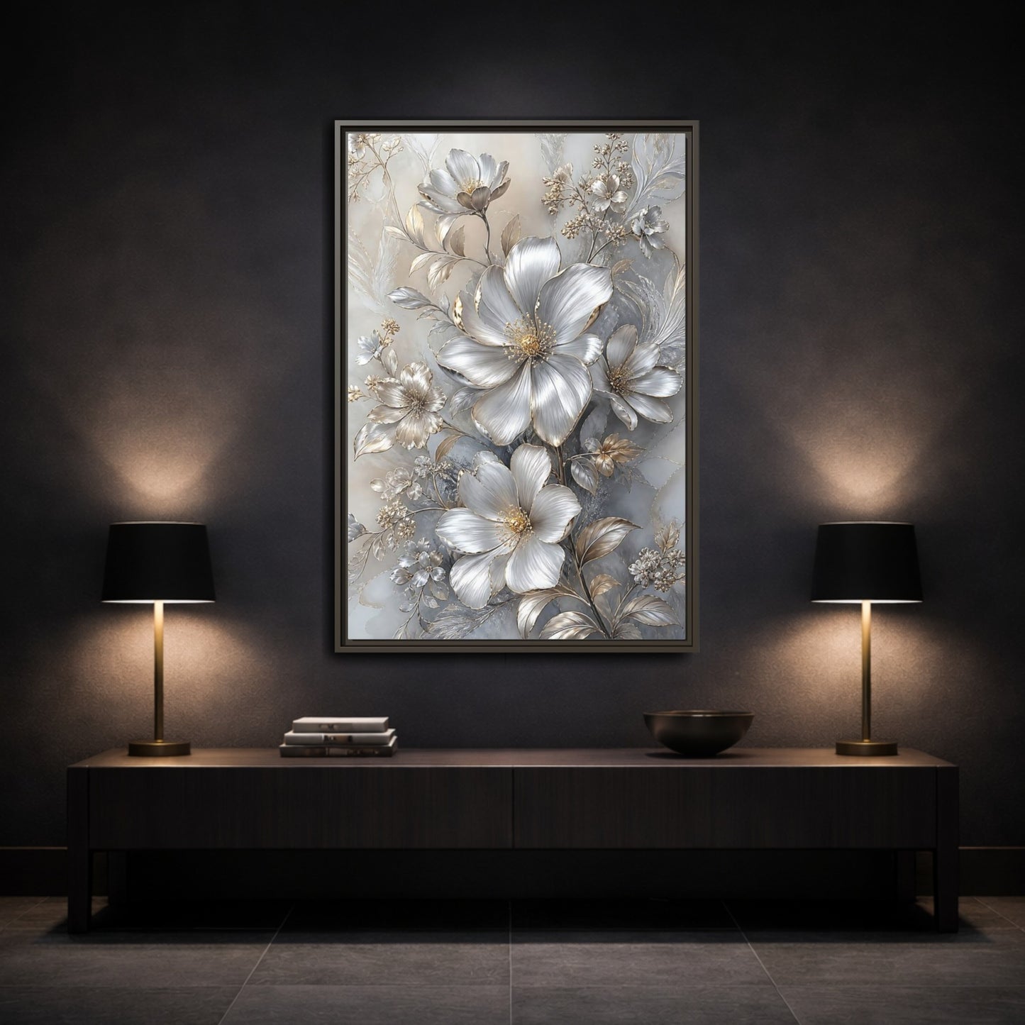 Mockup 3. Floral Blossoms Silver Gold Floral shown as stretched canvas wall art