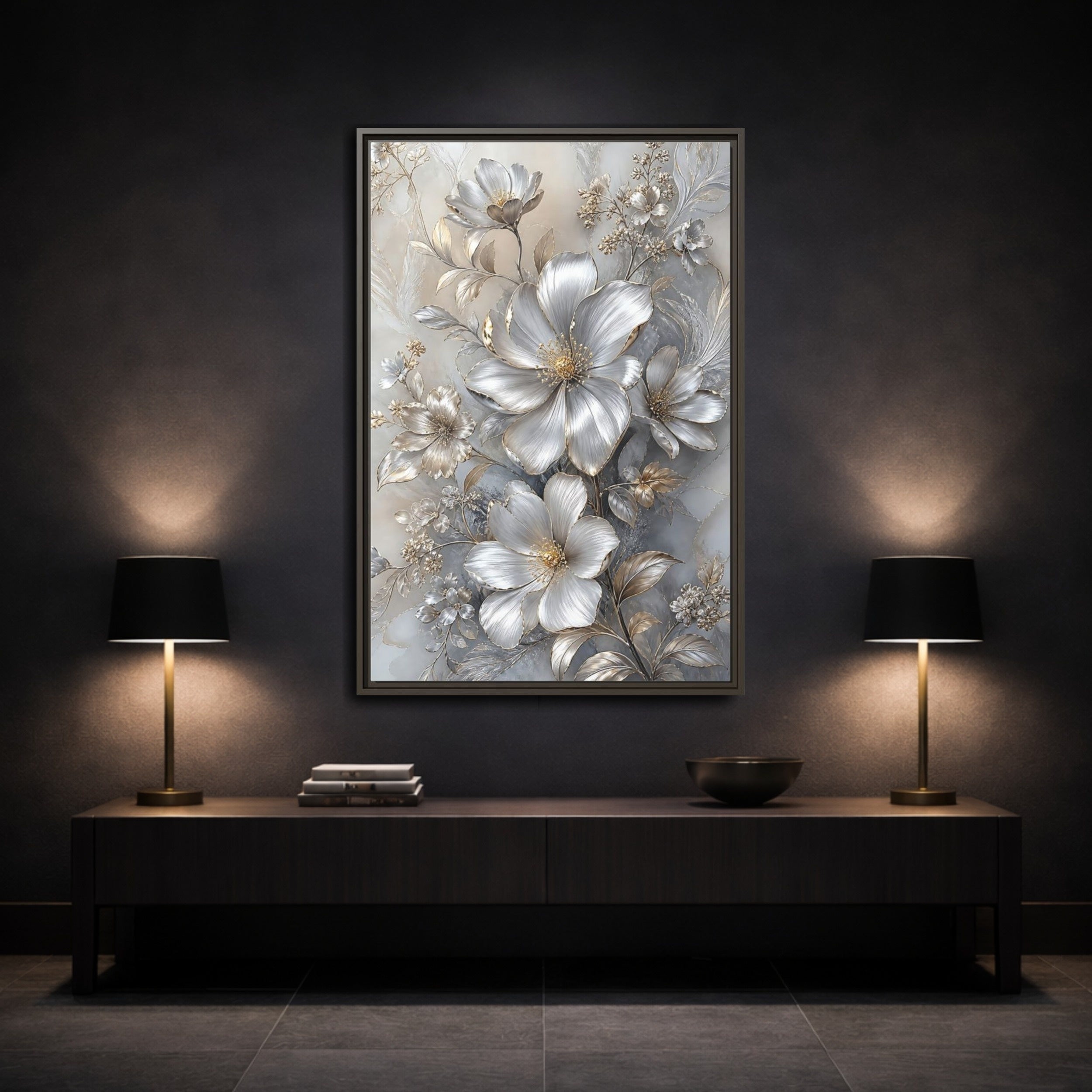Mockup 3. Floral Blossoms Silver Gold Floral shown as stretched canvas wall art