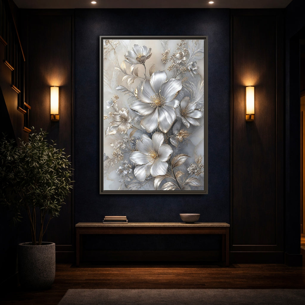 Mockup 4. Floral Blossoms Silver Gold Floral shown as stretched canvas wall art
