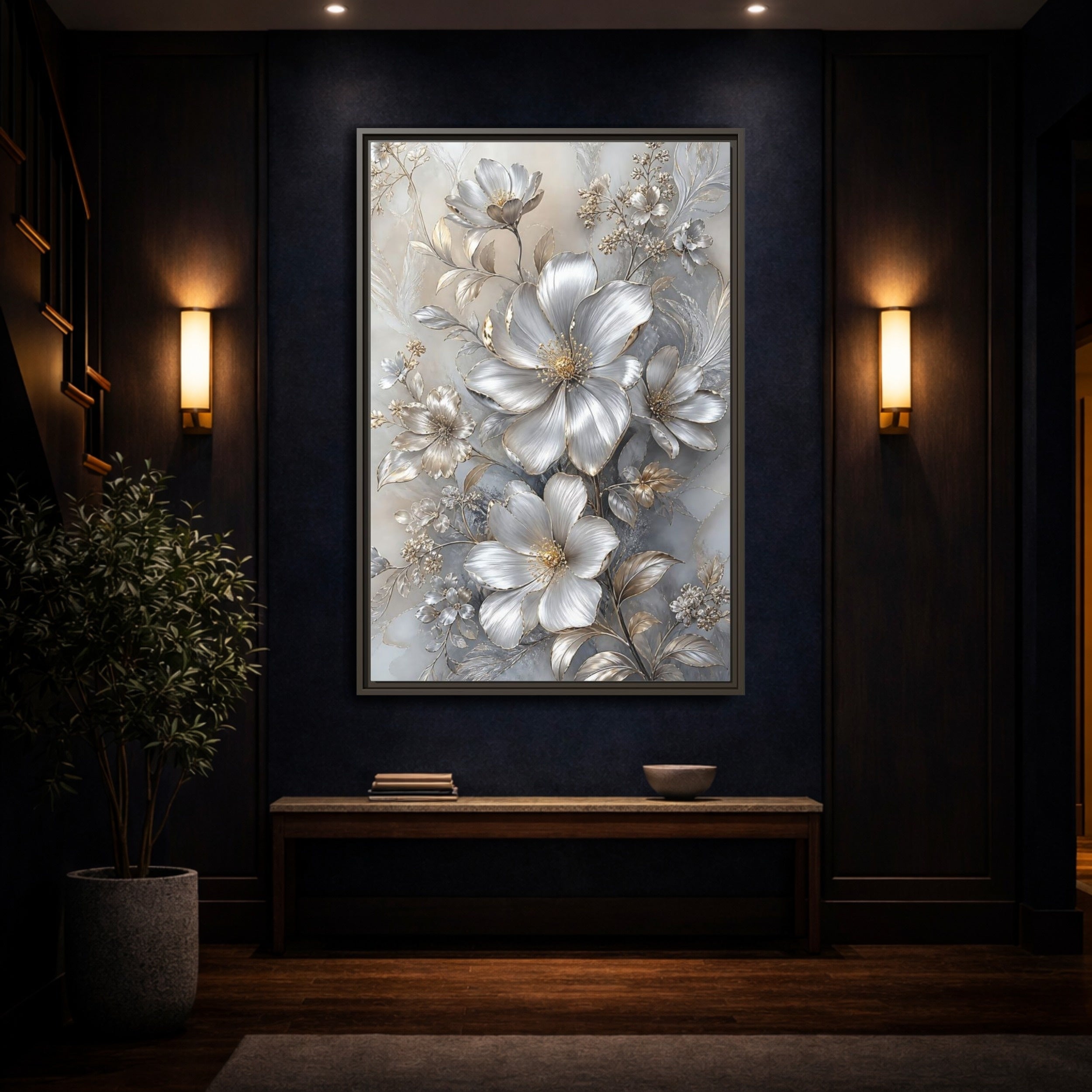 Mockup 4. Floral Blossoms Silver Gold Floral shown as stretched canvas wall art