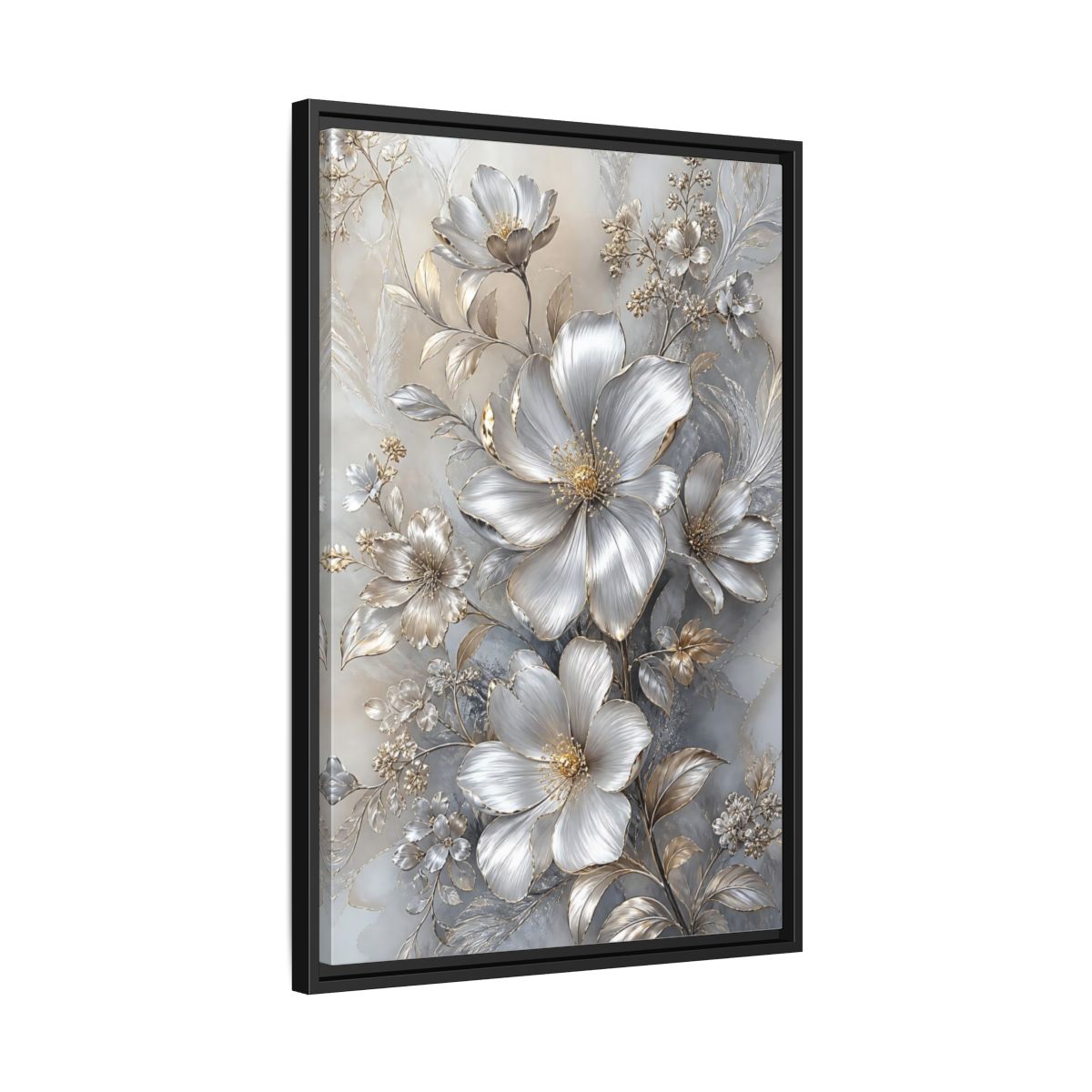 Side Mockup 14. Floral Blossoms Silver Gold Floral shown as stretched canvas wall art