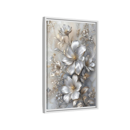 Side Mockup 1. Floral Blossoms Silver Gold Floral shown as stretched canvas wall art