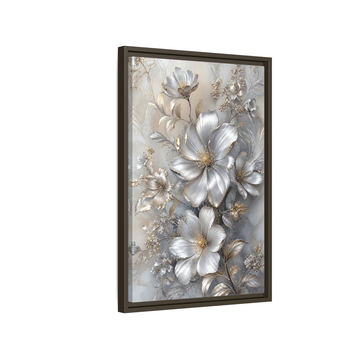 Side Mockup 2. Floral Blossoms Silver Gold Floral shown as stretched canvas wall art