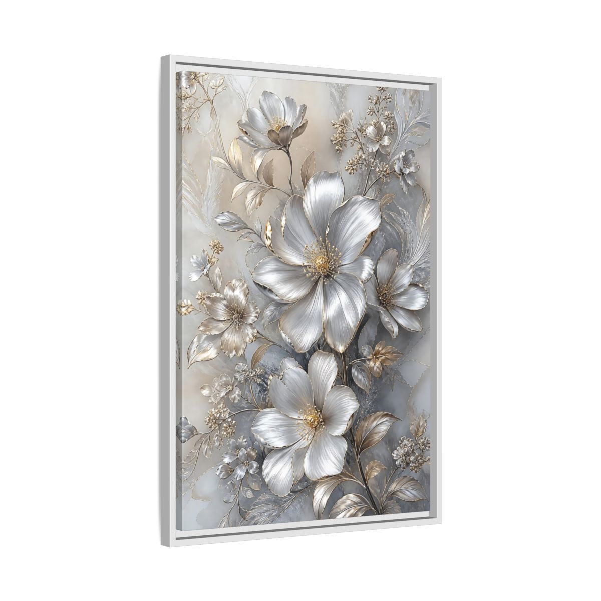 Side Mockup 10. Floral Blossoms Silver Gold Floral shown as stretched canvas wall art