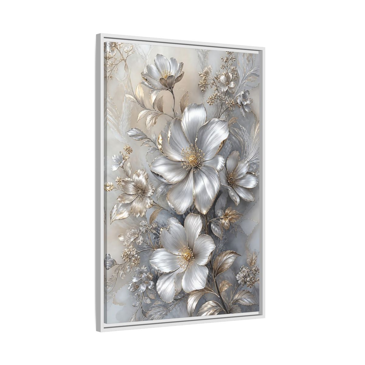 Side Mockup 9. Floral Blossoms Silver Gold Floral shown as stretched canvas wall art