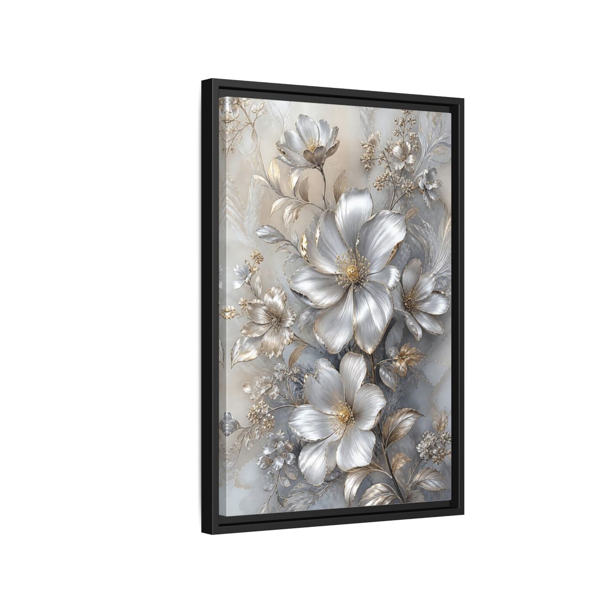 Side Mockup 3. Floral Blossoms Silver Gold Floral shown as stretched canvas wall art