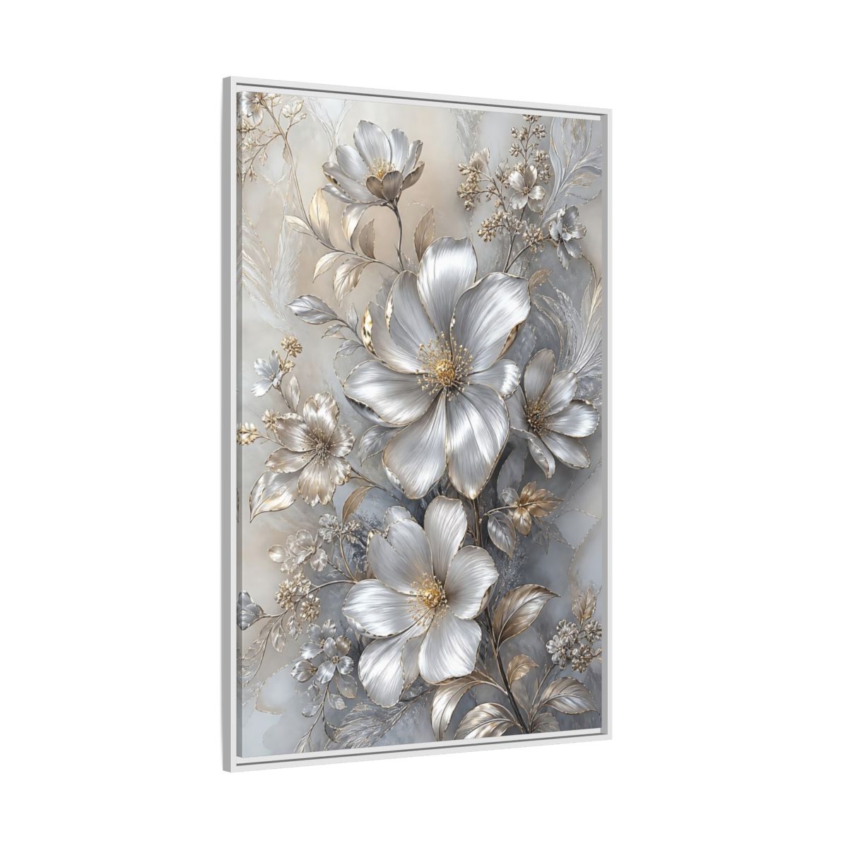 Side Mockup 7. Floral Blossoms Silver Gold Floral shown as stretched canvas wall art