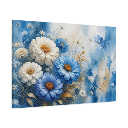 Main Mockup. Floral Blue And White Flowers Blue And White Floral shown as stretched canvas wall art