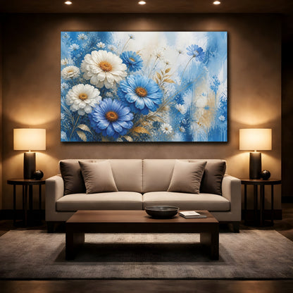 Mockup 2. Floral Blue And White Flowers Blue And White Floral shown as stretched canvas wall art
