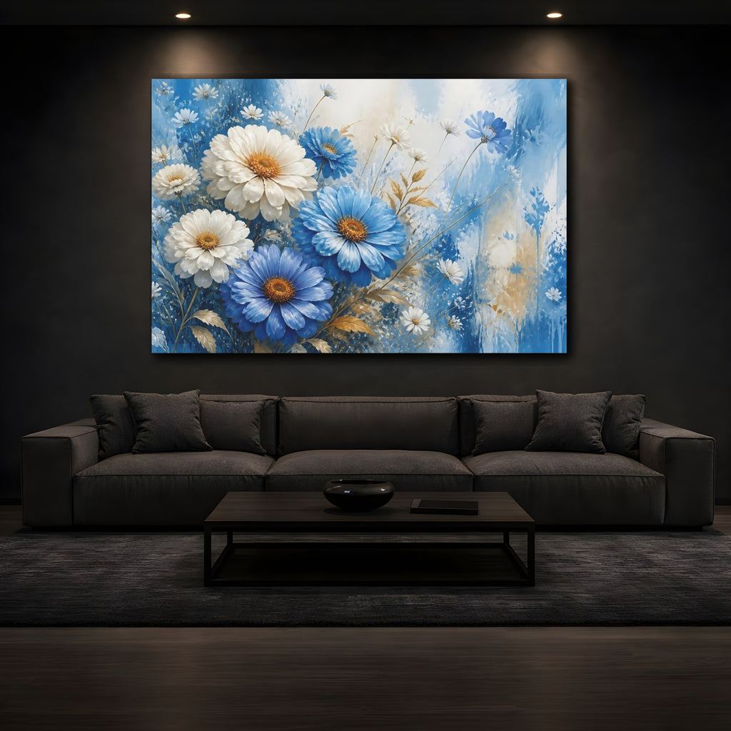Mockup 3. Floral Blue And White Flowers Blue And White Floral shown as stretched canvas wall art