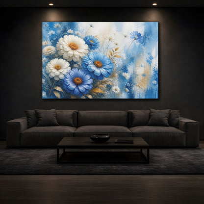 Mockup 3. Floral Blue And White Flowers Blue And White Floral shown as stretched canvas wall art