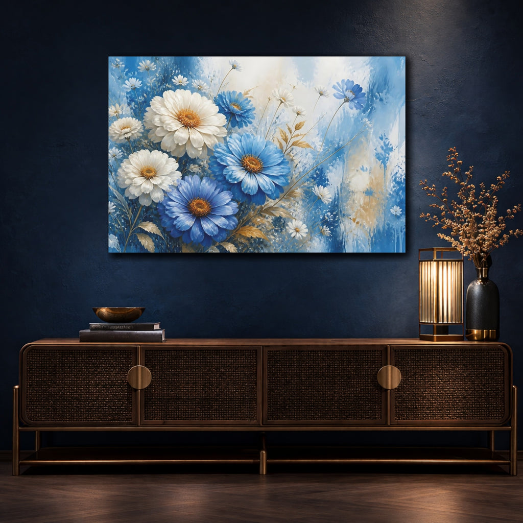 Mockup 4. Floral Blue And White Flowers Blue And White Floral shown as stretched canvas wall art