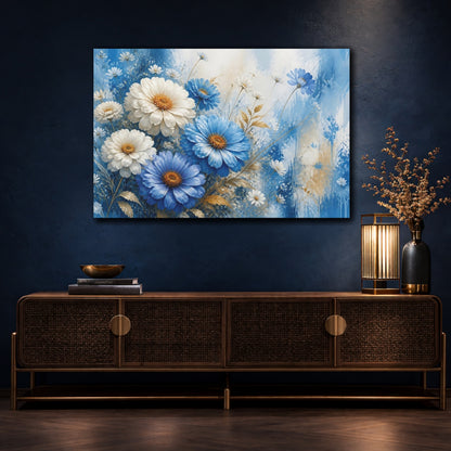 Mockup 4. Floral Blue And White Flowers Blue And White Floral shown as stretched canvas wall art