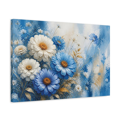 Side Mockup 3. Floral Blue And White Flowers Blue And White Floral shown as stretched canvas wall art