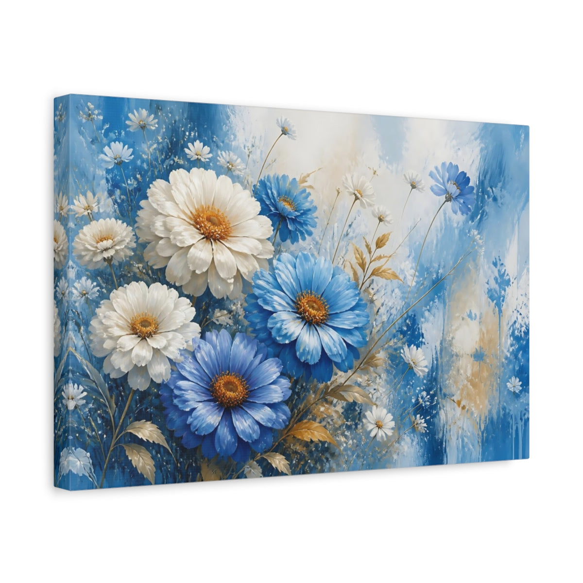 Side Mockup 4. Floral Blue And White Flowers Blue And White Floral shown as stretched canvas wall art