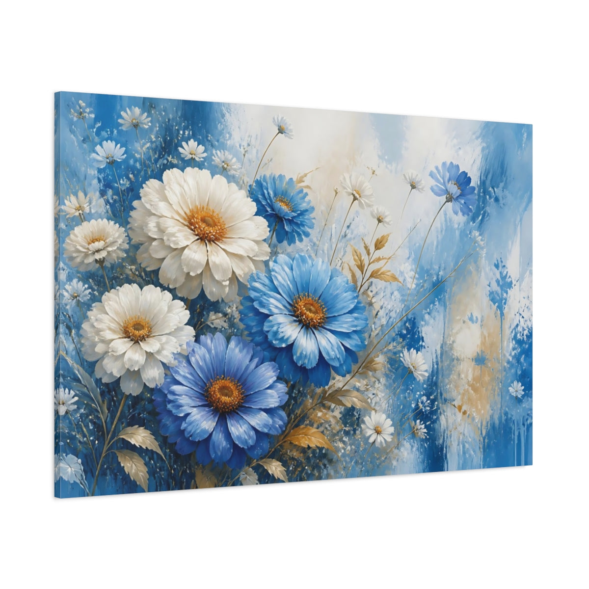 Side Mockup 1. Floral Blue And White Flowers Blue And White Floral shown as stretched canvas wall art