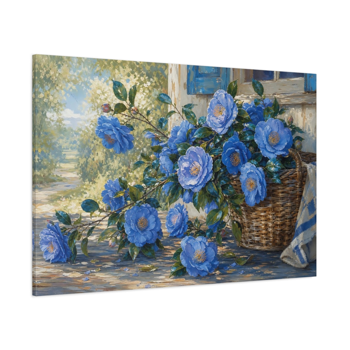 Side Mockup 1. Floral Blue Camellias Blue Floral Basket shown as stretched canvas wall art