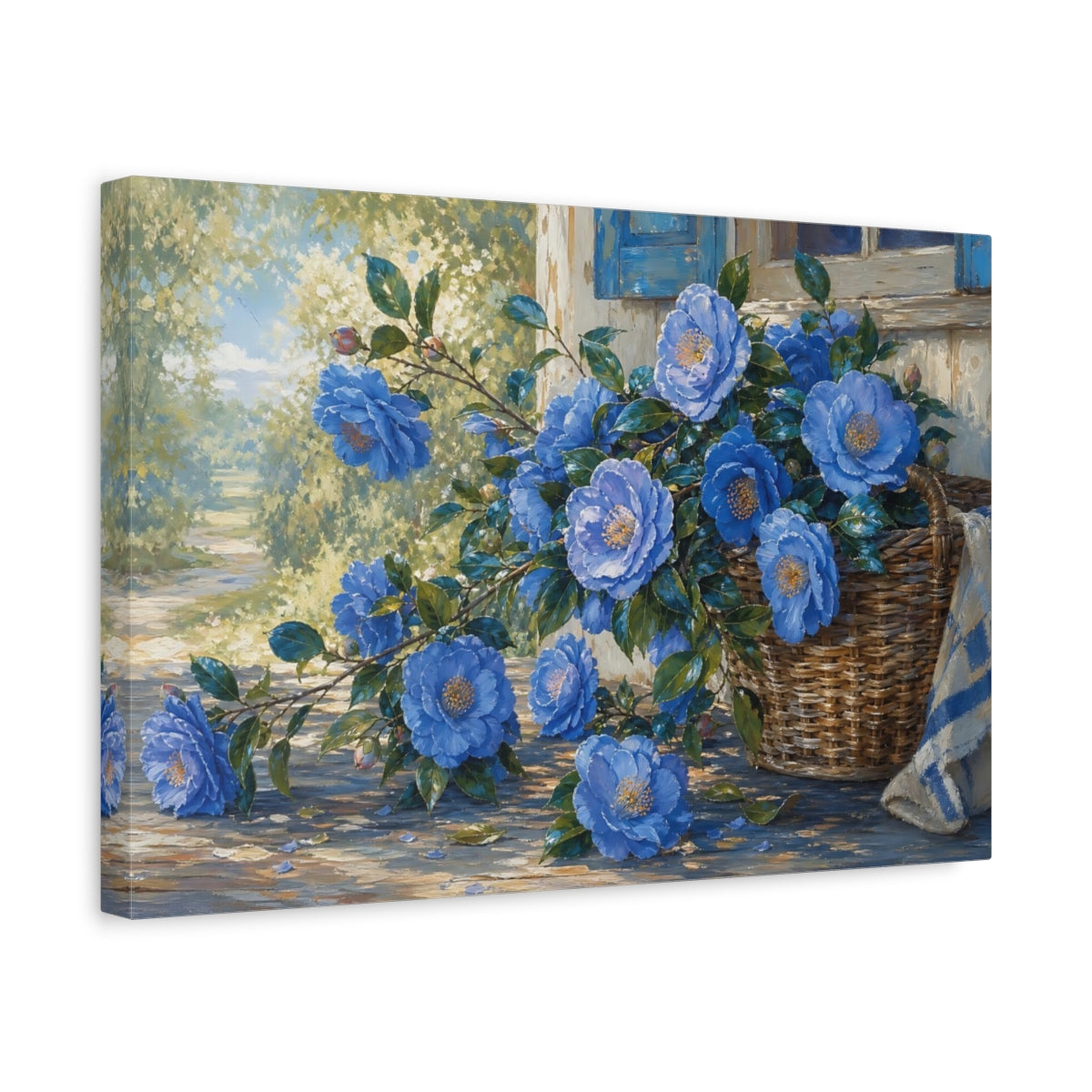 Side Mockup 4. Floral Blue Camellias Blue Floral Basket shown as stretched canvas wall art