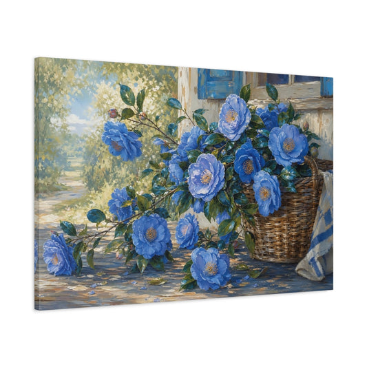 Main Mockup. Floral Blue Camellias Blue Floral Basket shown as stretched canvas wall art