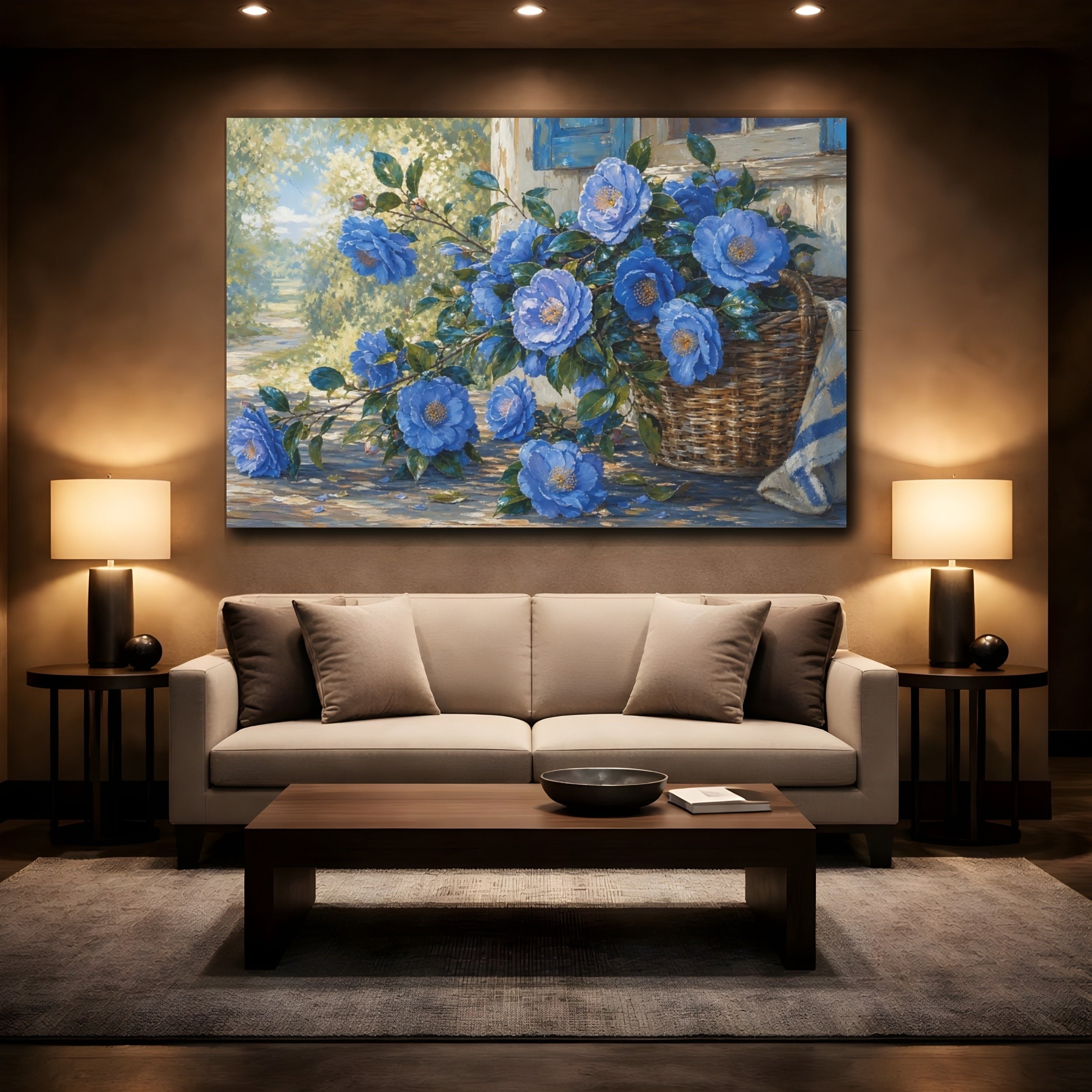 Mockup 2. Floral Blue Camellias Blue Floral Basket shown as stretched canvas wall art