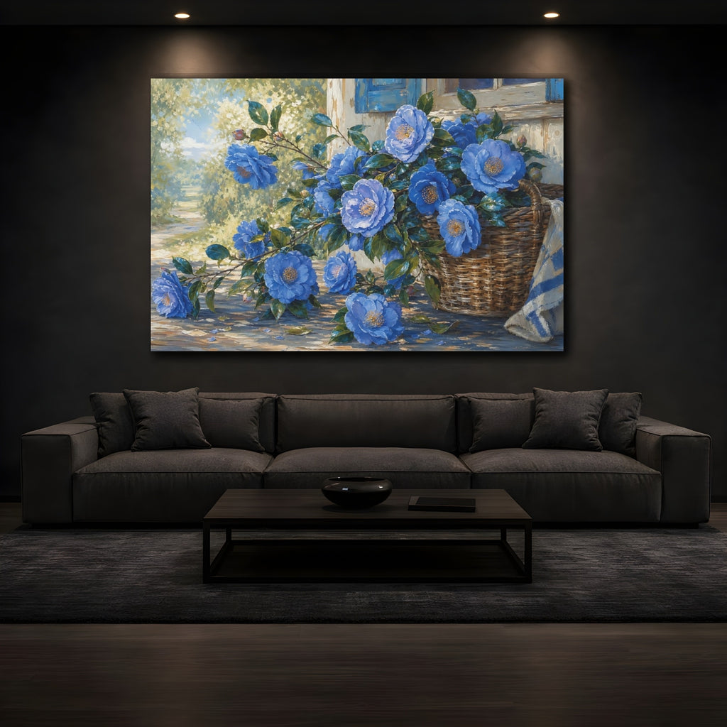 Mockup 3. Floral Blue Camellias Blue Floral Basket shown as stretched canvas wall art