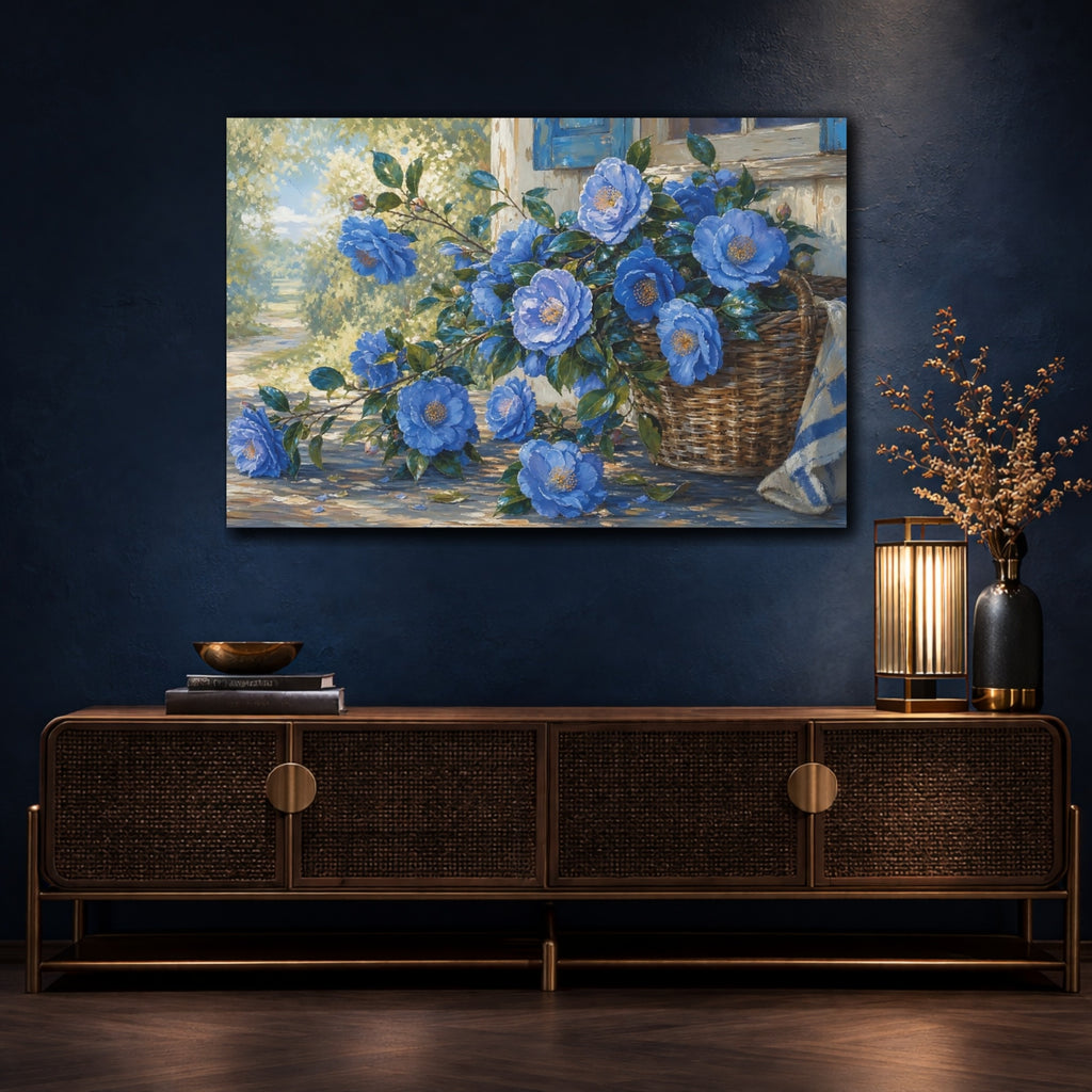 Mockup 4. Floral Blue Camellias Blue Floral Basket shown as stretched canvas wall art